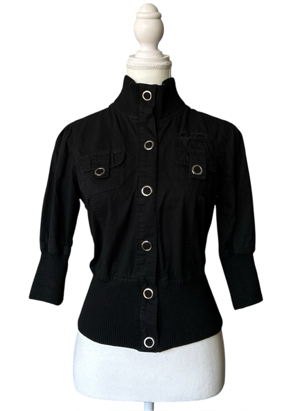 Y2K Grunge “Paris Blues” Basic Black Cargo Style Button-up Quarter Sleeve Top